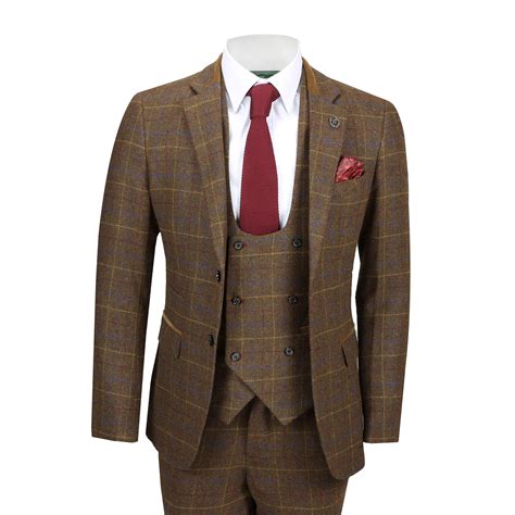 Mens 3 Piece Oak Brown Tweed Check Suit Blazer Waistcoat Trouser Sold