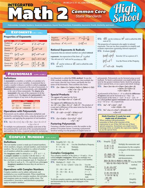 Quickstudy Math 2 Common Core 10th Grade Laminated Study Guide