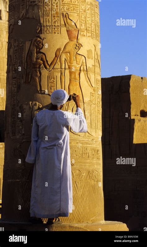 Egypt Upper Egypt Kom Ombo Sobek Temple The Crocodile God Restoration Of Painting On A