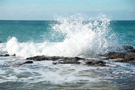 Big Waves Breaking On Shore Nature Photos Creative Market