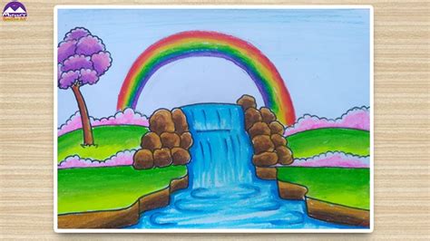How To Draw A Beautiful Rainbow With Waterfall Scenery Scenery With
