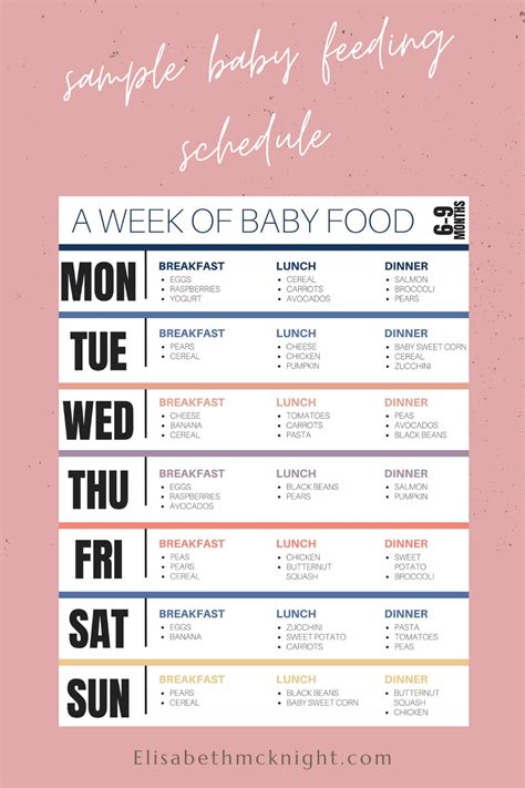 By the time your baby is 9 months old, offer 2 to 3 meals and 1 to 2 snacks a day. 6-9 months baby feeding schedule and sample menu ...