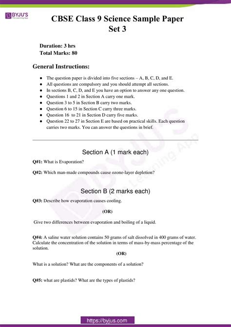 Cbse Sample Paper Class 9 Science Set 3 Click To Download Pdf Free