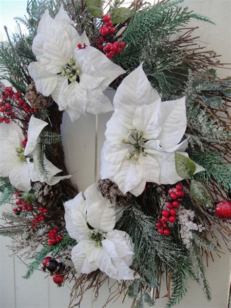 Christmas Wreath Winter White Poinsettia Wreath Poinsettia Etsy