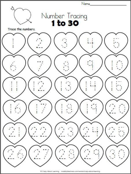 Printable Tracing Numbers 1 30 Worksheets Math Valentines