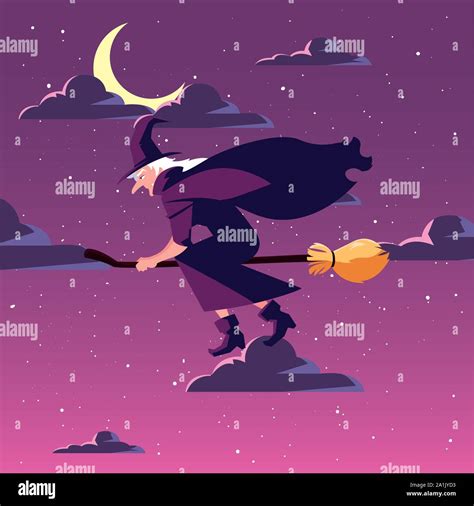 Witch Flying With Broom In Scene Of Halloween Vector Illustration Design Stock Vector Image