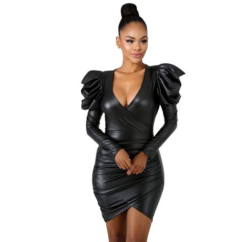 New Arrive Synthetic Leather Dresses Women V Neck Long