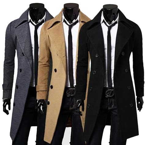Mens Stylish Trench Coat Winter Jacket Double Breasted Overcoat Black