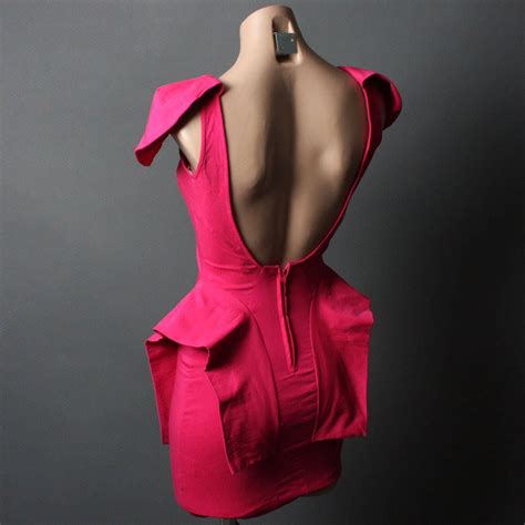 Retro Hot Pink Open Back Fitted Peplum Cocktail Bodycon Evening Dress