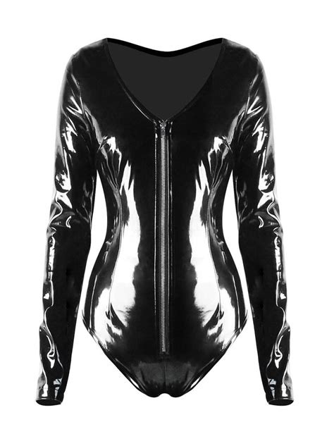 Gothic Punk Style Black Pvc Leather Bodysuit Ladies Sexy Long Sleeves Zipper Front Leotard Hot