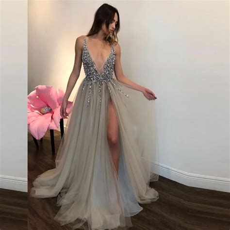 Abiye Sexy Gray Rhinestone Tulle Prom Gowns Women Deep V Neck Backless Party Dress Crystal