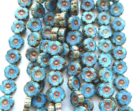 25 8mm Czech Glass Flower Beads Light Marbled Blue With Brick Etsy