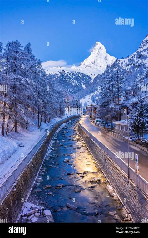 Beautiful View Of Old Village In Twilight Time With Matterhorn Peak