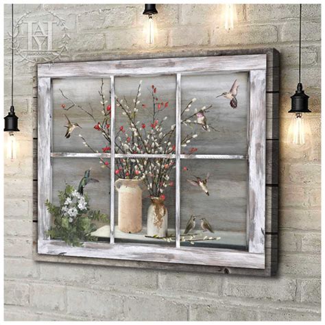 Hayooo Faux Window Canvas Vintage Willows And Hummingbirds Wall Art For