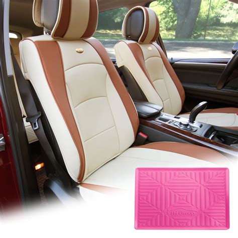 Fh Group Beige Leatherette Front Bucket Seat Cushion Covers For Auto Car Suv Truck Van With Pink
