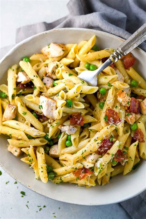 Cook pasta according to the package's instructions, until only just al dente. Chicken Carbonara with Penne Pasta - Jessica Gavin