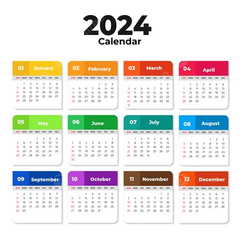 Diseño De Plantilla De Calendario 2024 Con Colores Sólidos Vector Png