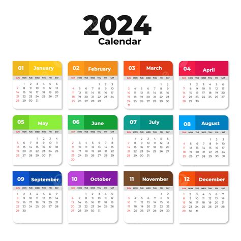 Desain Template Kalender 2024 Dengan Warna Solid Vektor, Kalender 2024