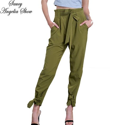 Saucy Angelia Women Long Pants Fashion Chiffon High Waist Army Green