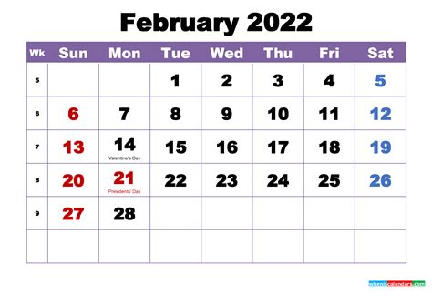 February 2022 Calendar With Holidays Printable