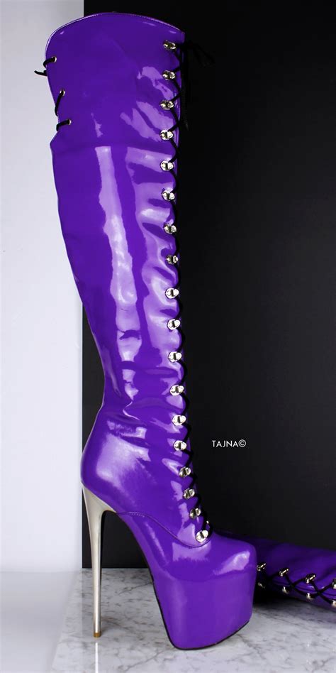 Purple Gloss Patent Military Style Lace Up Boots Tajna Club