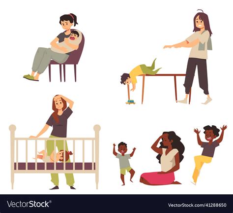 Tired Exhausted Mother Cannot Handle Children Vector Image