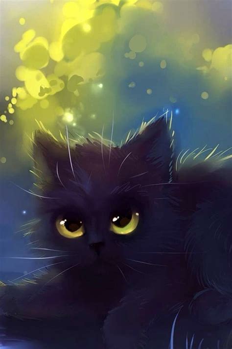 A Painting Of A Black Cat With Glowing Eyes Sitting On The Ground Next