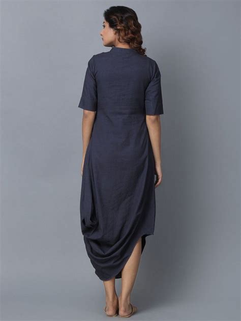 Buy Blue Cotton Linen Cowl Dress Online At Theloom Indian Designer