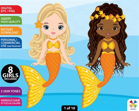 Mermaids Clipart Vector Mermaids Clipart Fish Girls Etsy México