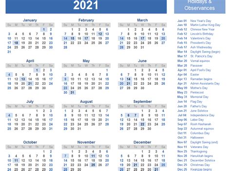 Excel List Of Holidays 2021 Calendar Template Printable