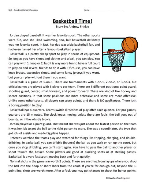 Basketball Time Reading Comprehension Worksheet Have Fun Teaching