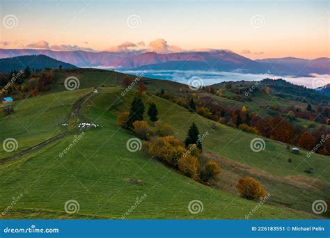 Mountainous Countryside In Autumn At Sunrise Stock Image Image Of