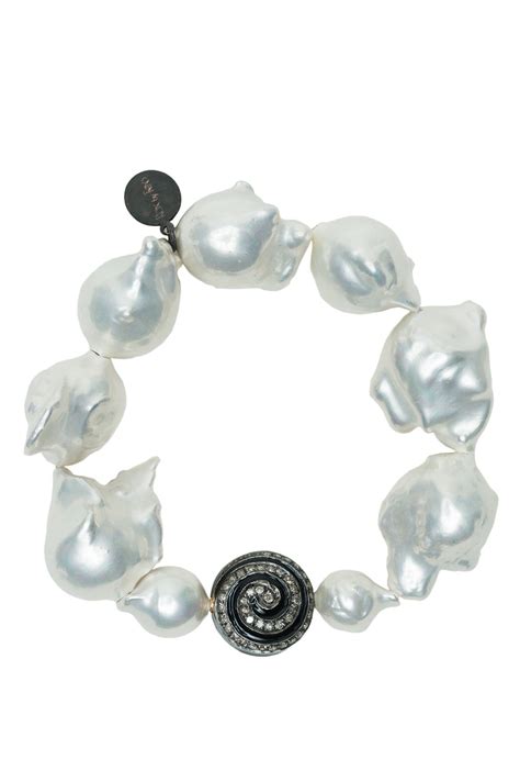 White Cultured Freshwater Baroque Pearl Stretch Bracelet With Black