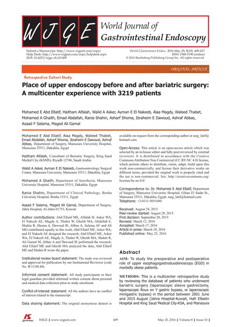 Pdf Place Of Upper Endoscopy Before And After Bariatric Surgery A Multicenter Experience With