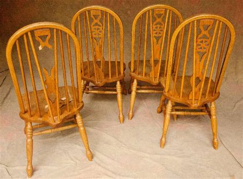 4 Amish Oak Wagon Wheel Fiddleback Windsor Dining Room Chairs These