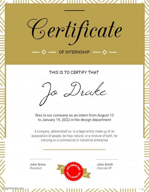 Printable Certificate Of Internship Template Gold Printable