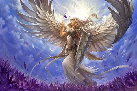 download shield white hair long hair purple flower flower wings angel