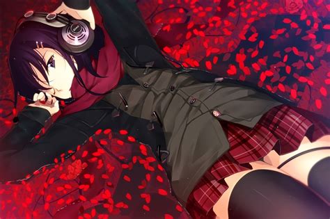 Wallpaper Anime Girls Red Skirt Original Characters Headphones