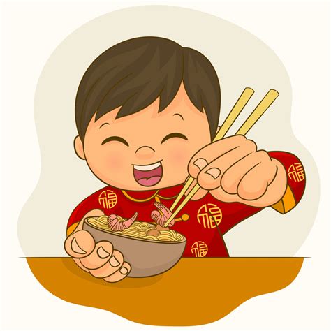 Boy In Chinese Attire Eating A Bowl Of Ramen Noodles 2242745 Vector Art