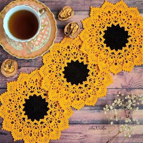 Crochet Lace Sunflower Doily Table Décor Flower Coasters Set Of 3