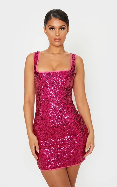 Hot Pink Sequin Sleeveless Square Neck Bodycon Dress