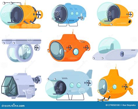 Submarines In Cartoon Style Exploration Of Water Depths Tourist Boats