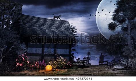 Halloween Scenery Old House Black Cat Stock Illustration 495372961