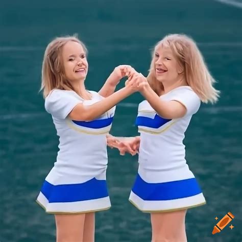 Two Cheerleaders In Blue And White Uniforms Forming A Heart Shape On A