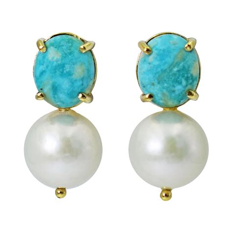 Victorian Turquoise And Pearl 14 Karat Yellow Gold Drop Earrings For