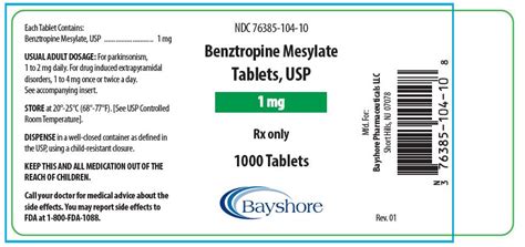 Benztropine Mesylate Tablets Usp05 Mg 1 Mg And 2 Mgbayshore