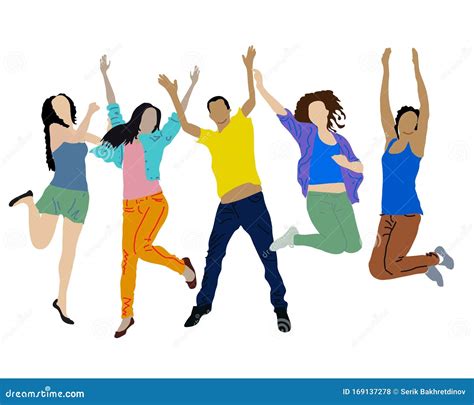 Vector Drawing Of Joyful Young People For Use In Design Or Postcards