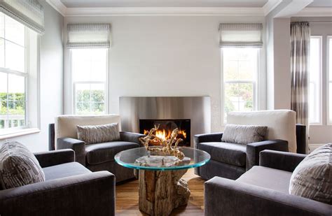 Contemporary Modern Living Room With Textured Stainless Steel Fireplace