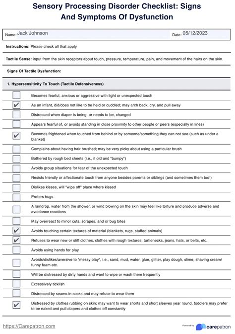Sensory Processing Disorder Checklist And Example Free Pdf Download