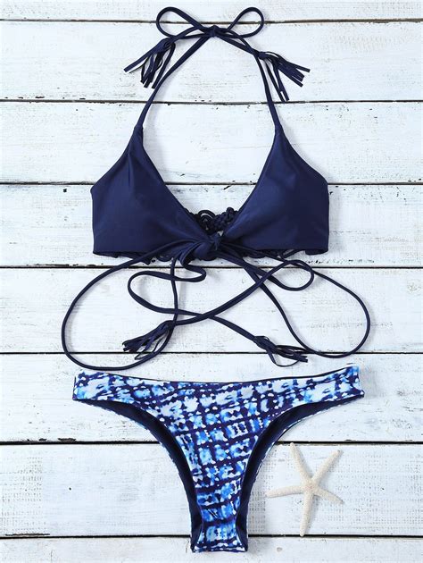 41 OFF 2021 Strappy Printed Tassel Bikini Set In PURPLISH BLUE